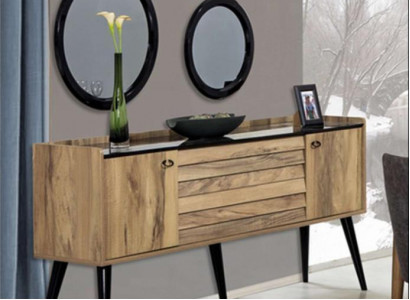 Designer Esszimmer Möbel Set Hellbraunes Holz Sideboard Glas Spiegel